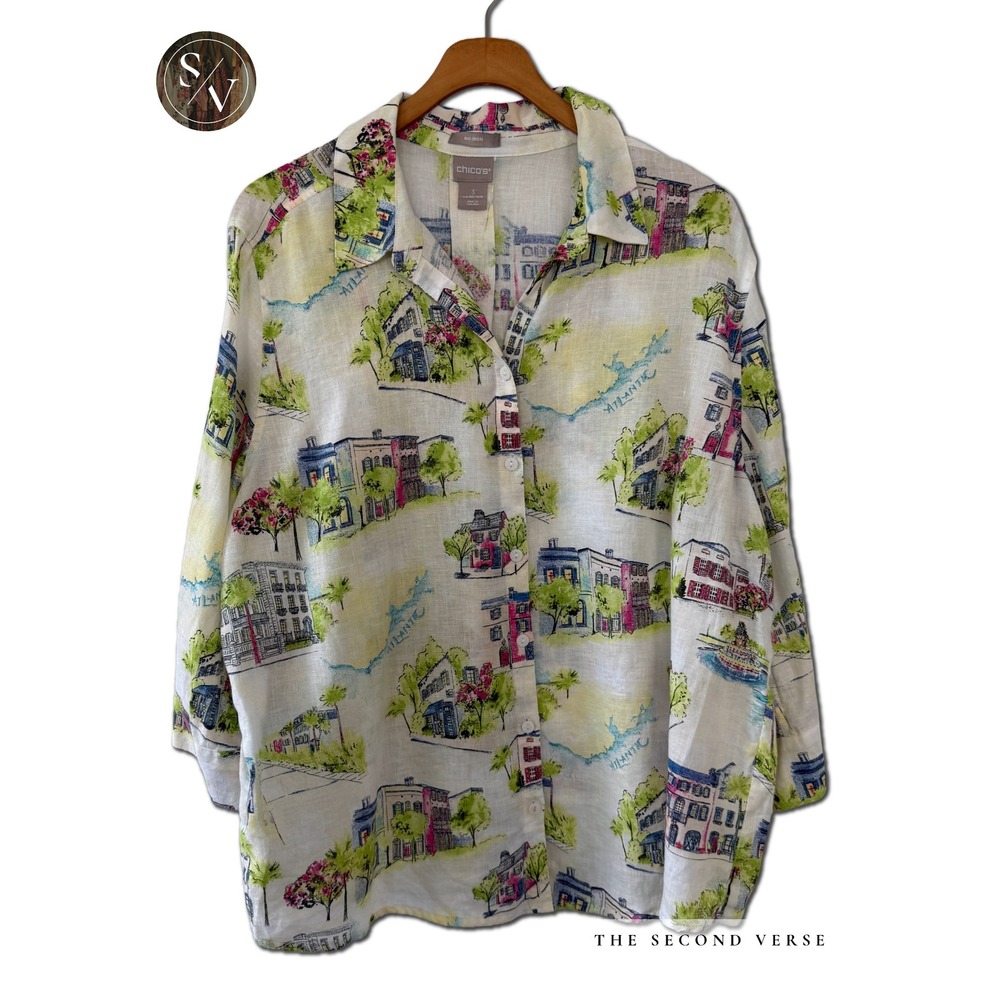 Chico'sβ Linen Button Front Shirt 3/4 Sleeve Atlantic Coastal Scene Size 16/18